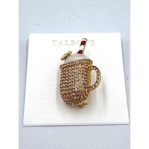 NWT Talbots Gold-Tone Pave Crystal Mug Brooch Pin With Straw & Whipped Cream